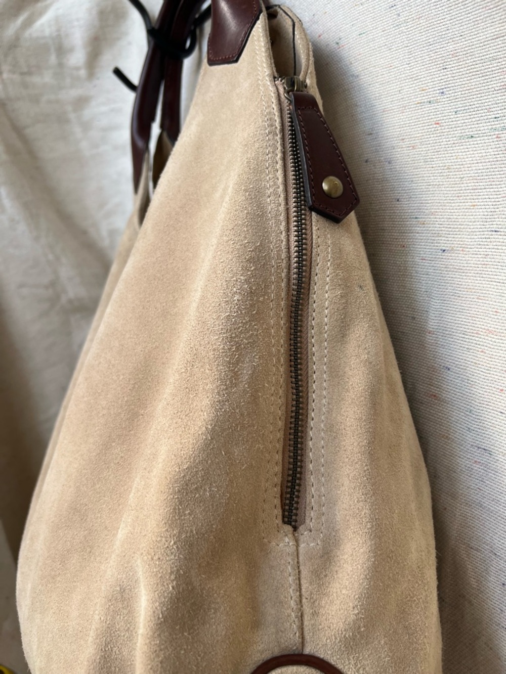 NARDELLI Neutral Suede Hobo Bag with Brown Leather Handles - Picture 3 of 16